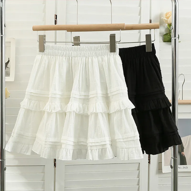 

2023 Spring Summer Women A Line Mini Short Skirt Elastic High Waist Ruffles White Cake Skirts Ladies Sweet Ball Gown Tutu Saia