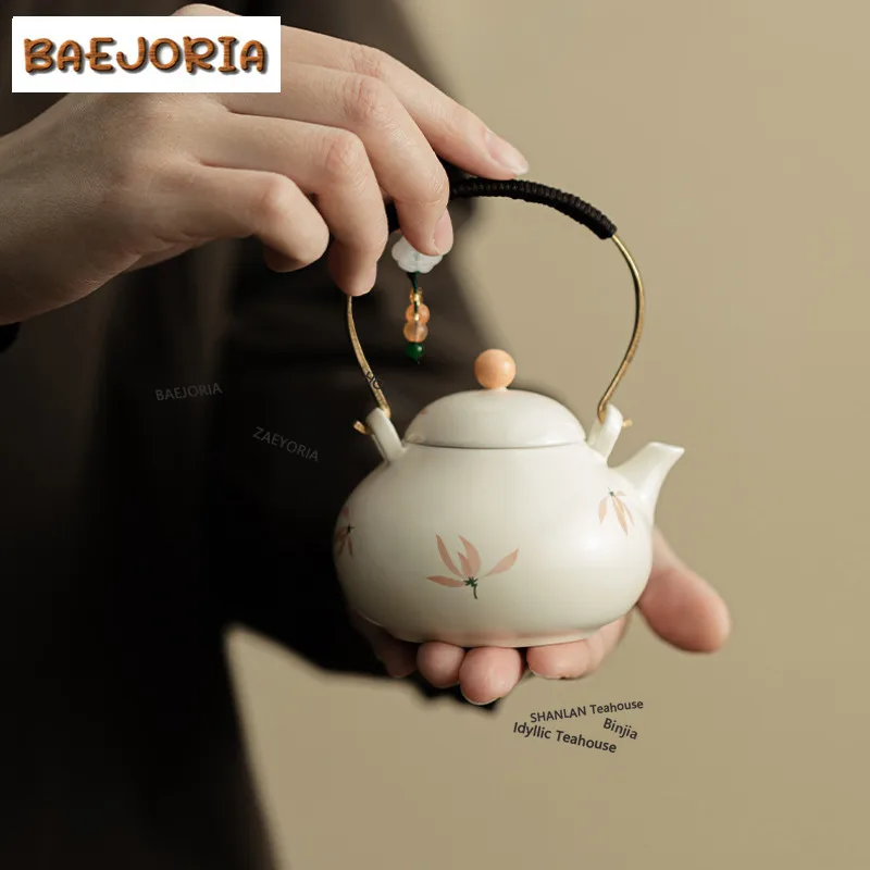BAEJORIA 132ml Hand Drawn Orchid Wind Chime Lifting Handle Teapot Tea Infuser Pot Tea Maker Kettle With Strainer Tea Craft Gift