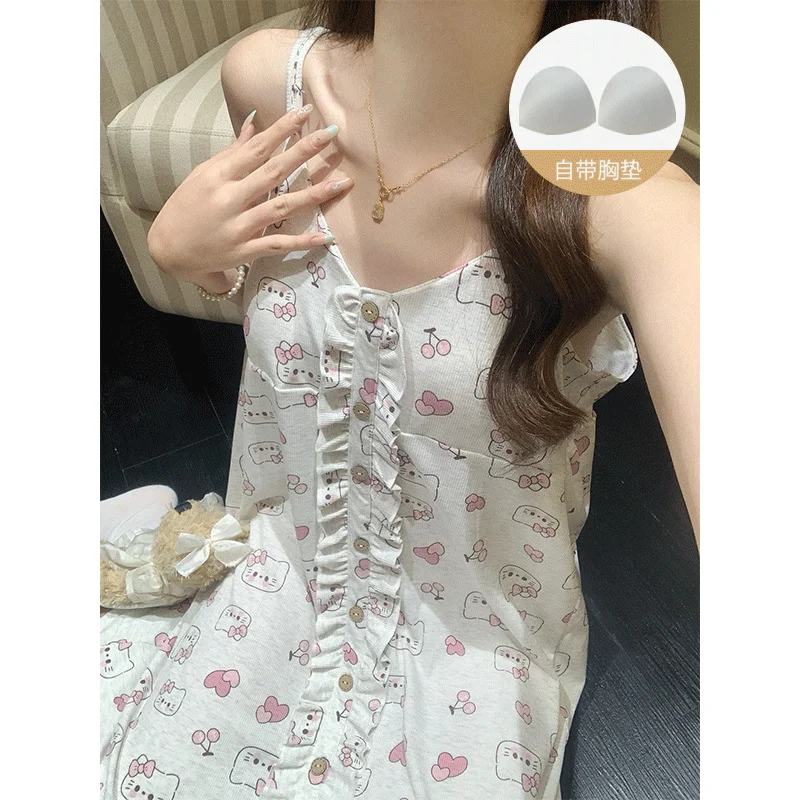 Kittys منامة دعوى سانريو Kawaii منامة فتاة طالب الصيف وسادة الصدر الحرير الجليد الحمالة سترة لطيف رقيقة ملابس المنزل