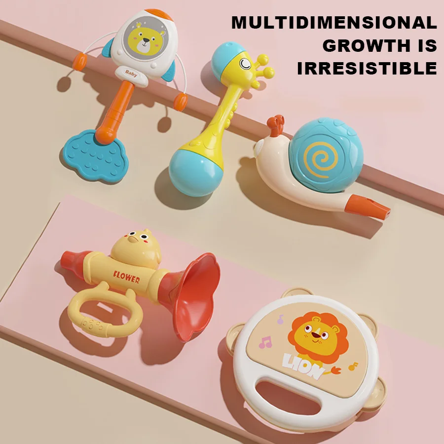 Beruhigendes Spielzeug für Babys, Trommelrassel, Hornpfeifenset, 5-teiliges sicheres Material, Spielzeug mit Klang, beruhigendes Baby, Baby-Geschenk, Spielzeug, Ostergeschenk