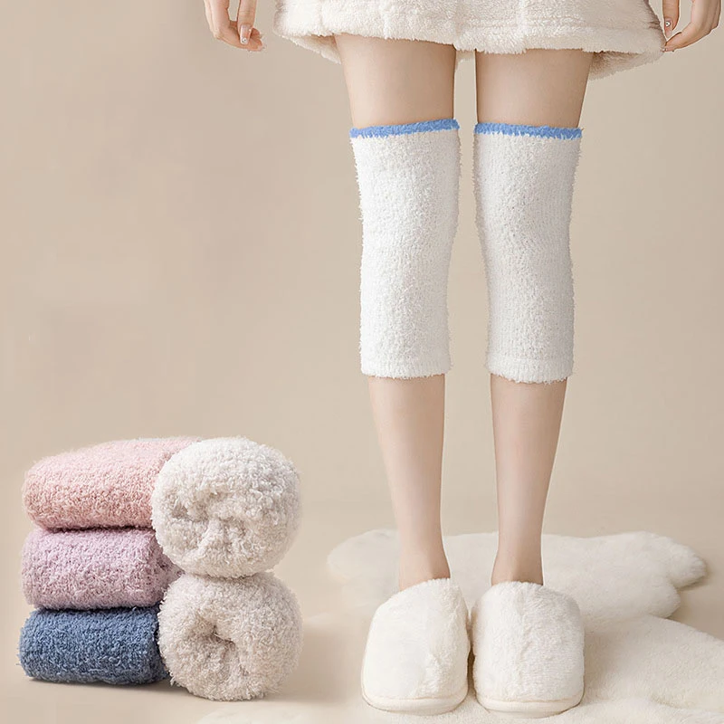 Genouillères épaisses pour femmes, genouillères, protège-genoux, chaussettes longues en peluche, sourire, chaud, doux, hiver