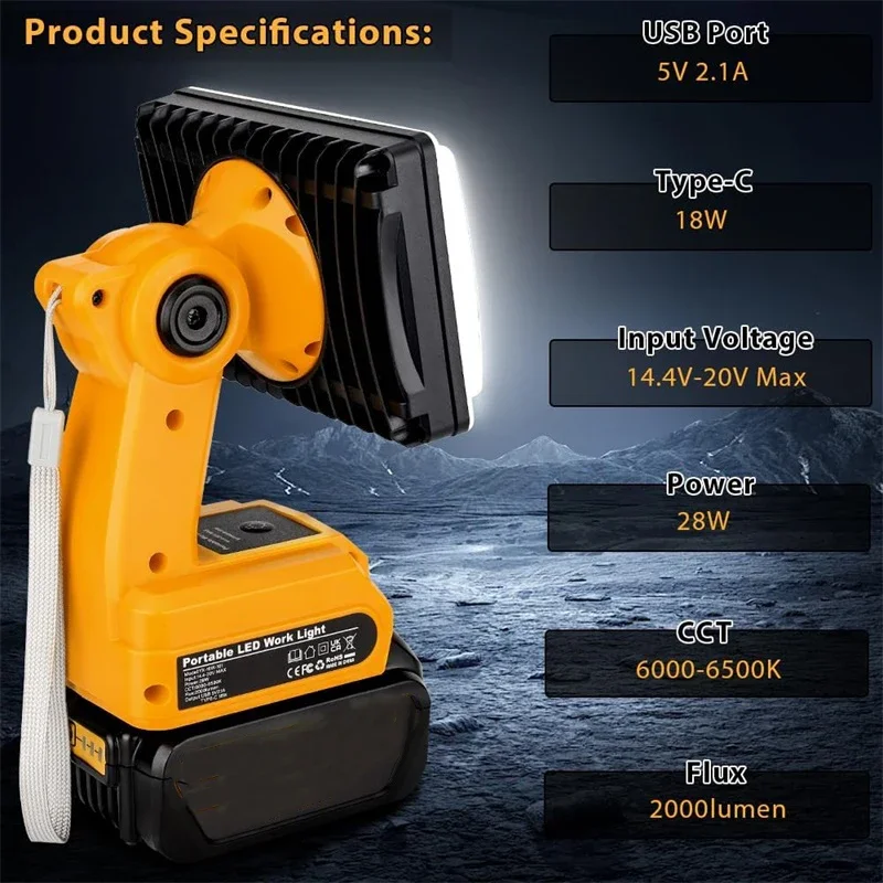 Cordless LED Work Light Spotlight for Makita/Milwaukee/Dewalt/Bosch/Black&Decker/Craftsman/Ryobi 18V Lamp Flood Light Flashlight