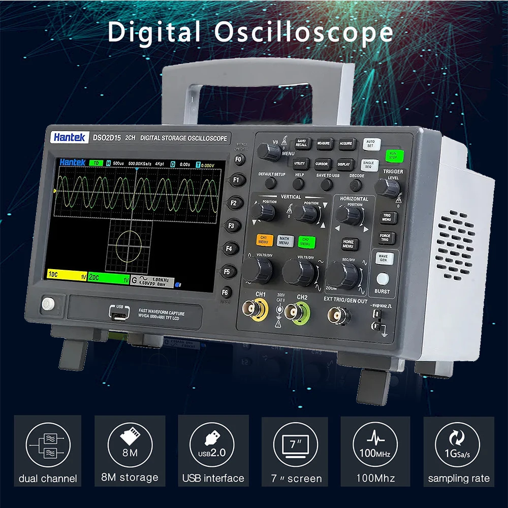 Hantek DSO2C10/2C15/2D10/2D15 Digital Oscilloscope Dual Channel 100MHZ Bandwidth 2CH Storage Oscilloscope Sampling Rate 1 GSa/S