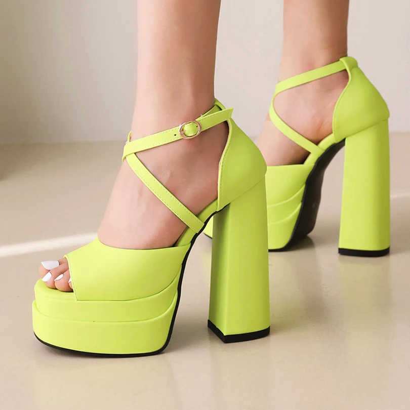 Plus Size Double-Layer Waterproof Platform Ultra-High Thick Heel Peep Toe Sandals Side Hollowed Cross Tie Buckle Sexy Sandals