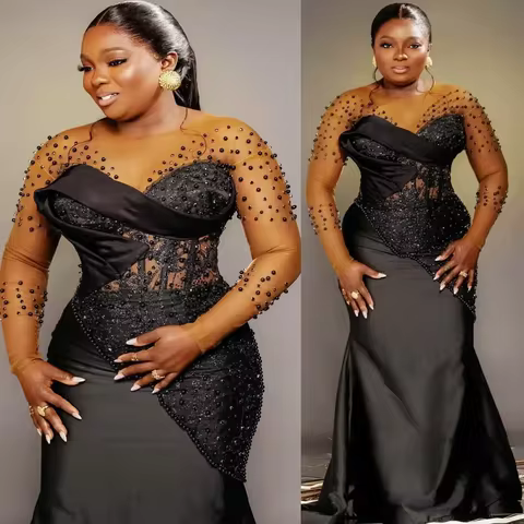 African Women's Black Mermaid Ball Dress Elegant Pearl Lace Satin Long Sleeve Evening Dress Party Engagement Dress Customized