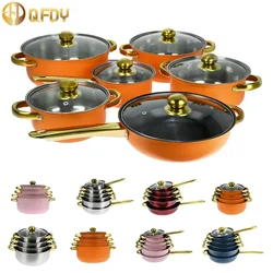 Hot Sale Kitchware Pots Set 12-piece colorful  non-stick gold plated handle cookware set pots Stainless Steel Soup Pot