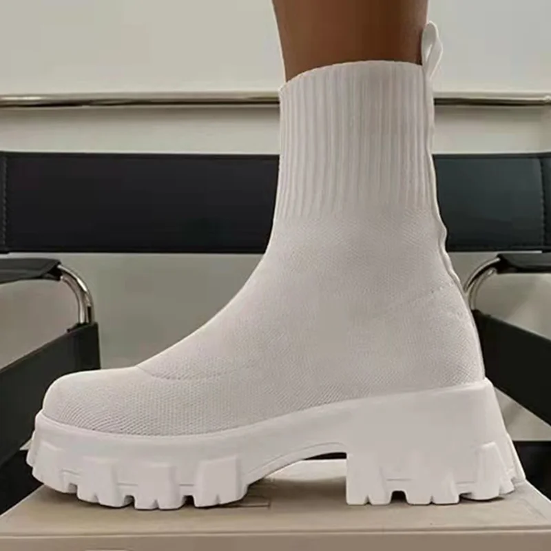 Women Boots Short Knitting Platform Boots Autumn Winter Shoes For Women Ankle Boots Heels White Winter Botas Mujer image 2