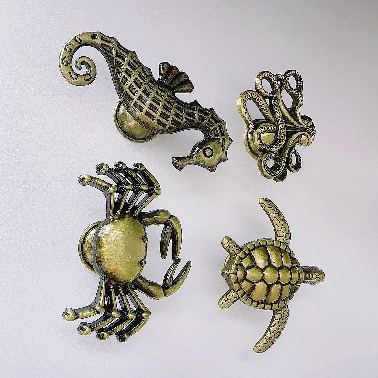 Marine Series Animal Metal Knob Set of 4 – Turtle, Seahorse, Octopus & Crab Cabinet Door Handles & Drawer Pulls