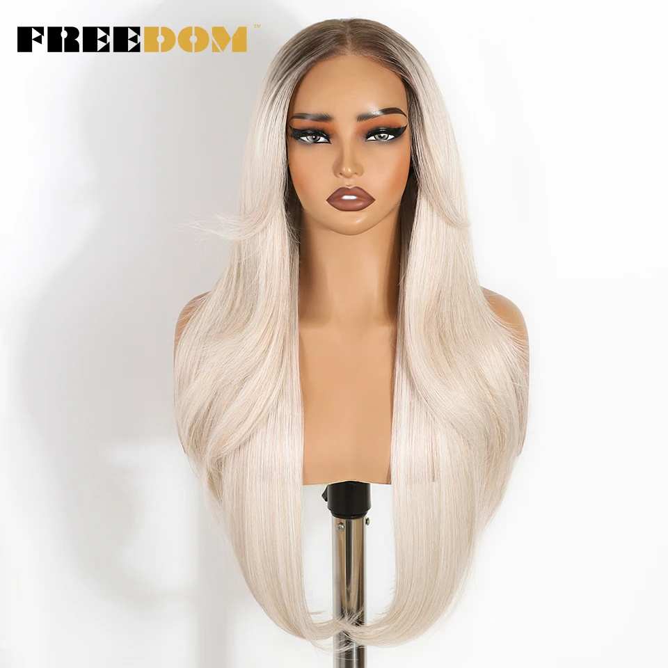 FREEDOM Long Straight Synthetic Lace Front Wigs For Women 6x4 Pre Plucked Layered Wig With Bangs Ombre Wear And Go Glueless Wig