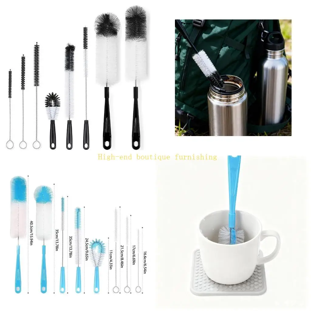 L9NB Multi Purpose Cleaning Brushes 8pc Set Long Handle Narrow Bottle Brush Safe