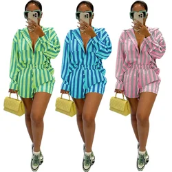 Print Striped Women Turn Down Collar Two Piece Sets Single Breasted Full Sleeve Splice Loose Coats Short Pants Set Autumn