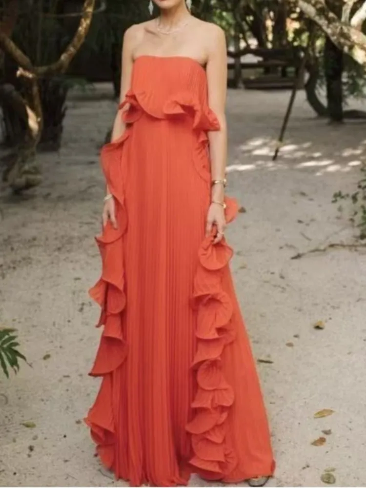 

Women's Elegant Chest Wrap Large Swing Dress Spring Summer New British Style Pleated Loose Waist Solid Color Pleated Long Skirt