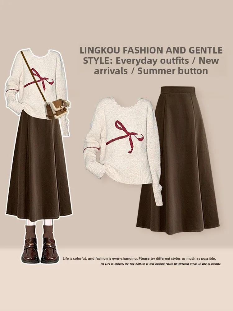 

plus Size Autumn Winter Casual Set Women's Knot Soft Cozy Knitted Sweater with Agel Elegance Skirt Two Piec...