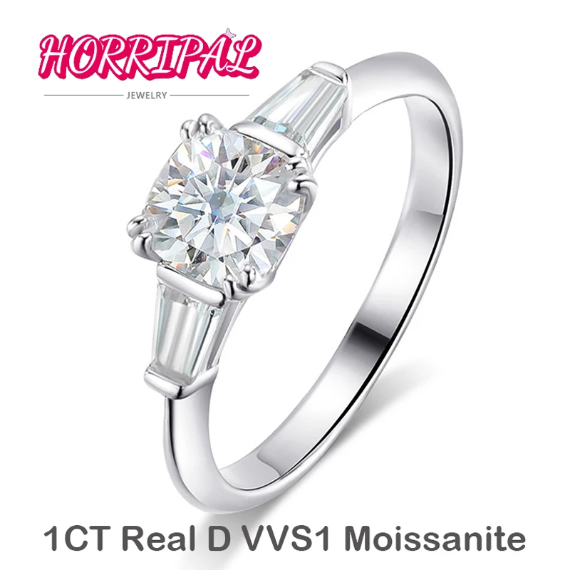 HORRIPAL Real D VVS1 1CT Cushion Moissanite Ring S925 Sterling Silver Plate 18k Gold Lab Diamond Band for Woman Support Engrave