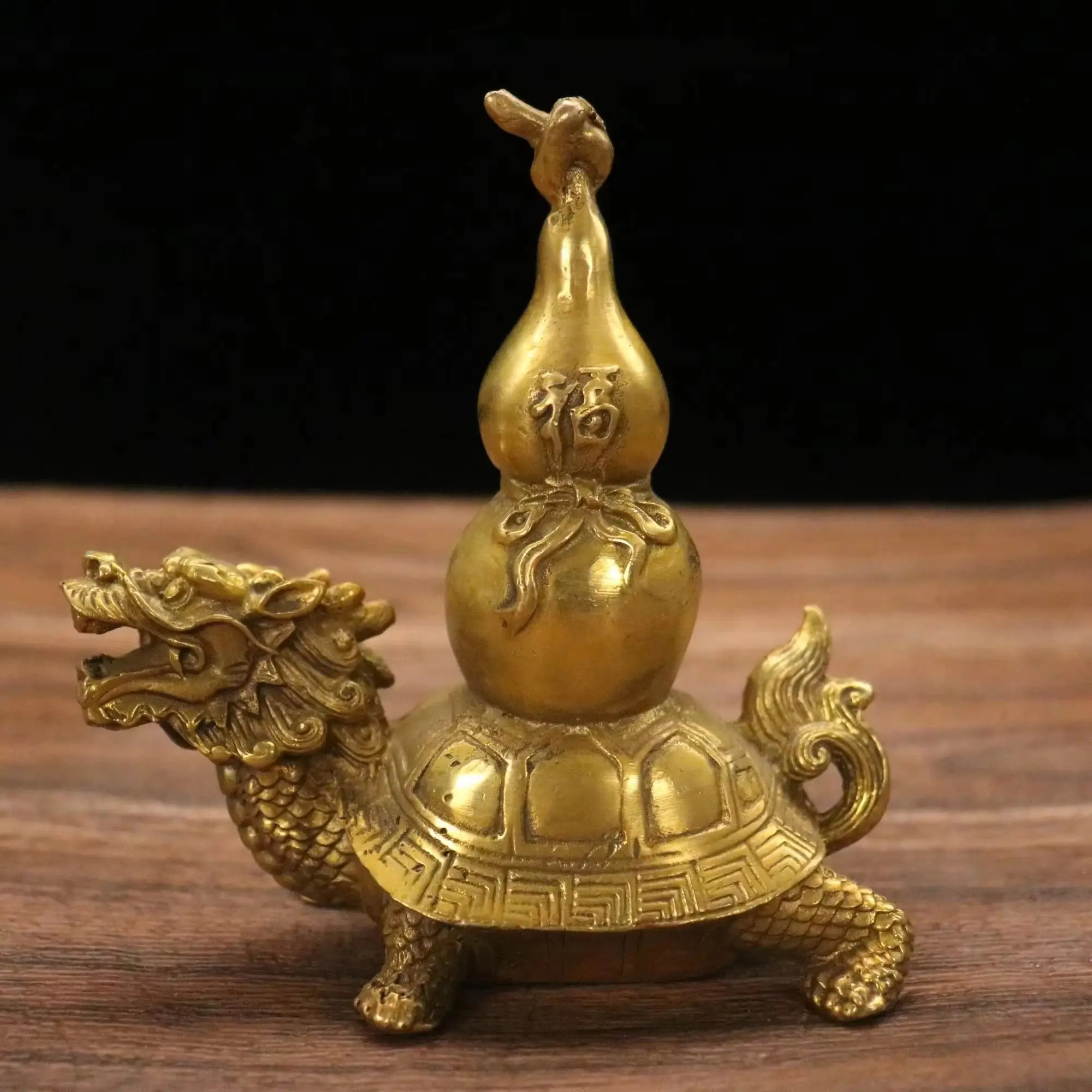 

5"Tibetan Temple Collection Old Bronze Dragon Turtle Fu Gourd statue Lucky fortune Gather wealth Office Ornaments Town House