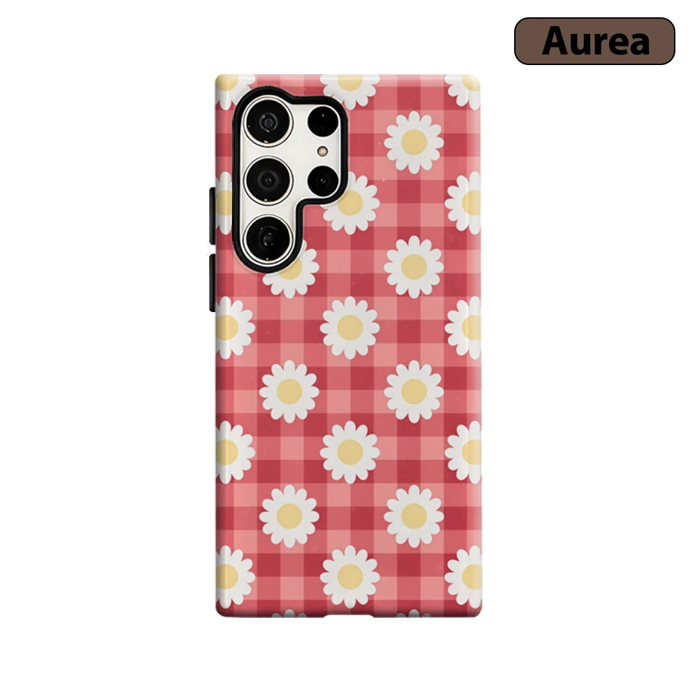 Rustikale Gänseblümchen Rote Gingham Handyhülle für Samsung Galaxy S25 Ultra S24 S23 Ultra Plus Stoßfeste Doppelschicht Robuste Rückabdeckung