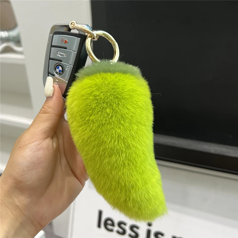 Cute Real Rex Rabbit Fur Keychain Plush Green Chili Toy Trinkets  Women Handbag Pendant Car Key Ring Accessories Creative Gift