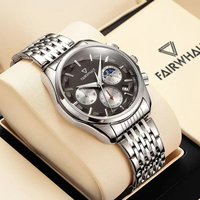 

Mark Fairwhale Watches for Men 5360 Business Stainless Steel Quartz Wristwatches Moon Phase Chronograph Waterproof Mens Watch