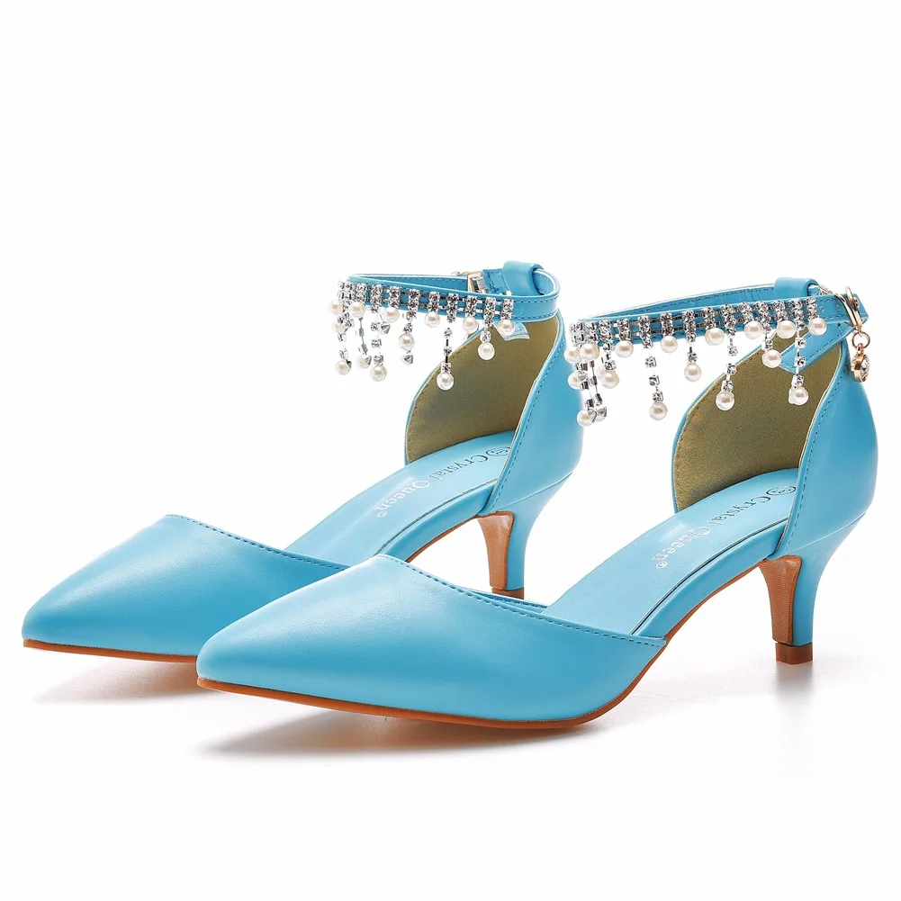 

5cm Large Sandals, Mid Low Heel Pointed Beaded Tassel Sandals, Sky Blue High Heels, Bridal Wedding Shoes