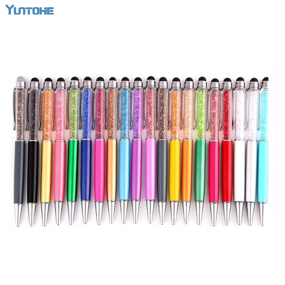 Wholesale 100pcs/Lot Bling 2 in 1 Colorful Crystal Capacitive Touch Stylus Ball Point Pen For iPad iPhone Samsung