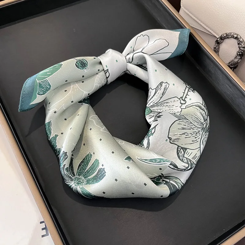 

Women 100% Silk Scarf Foulard Bandana Lady Elegant Blue Floral Scarves Hair Bands Neckerchief Spring Winter Bag Ties