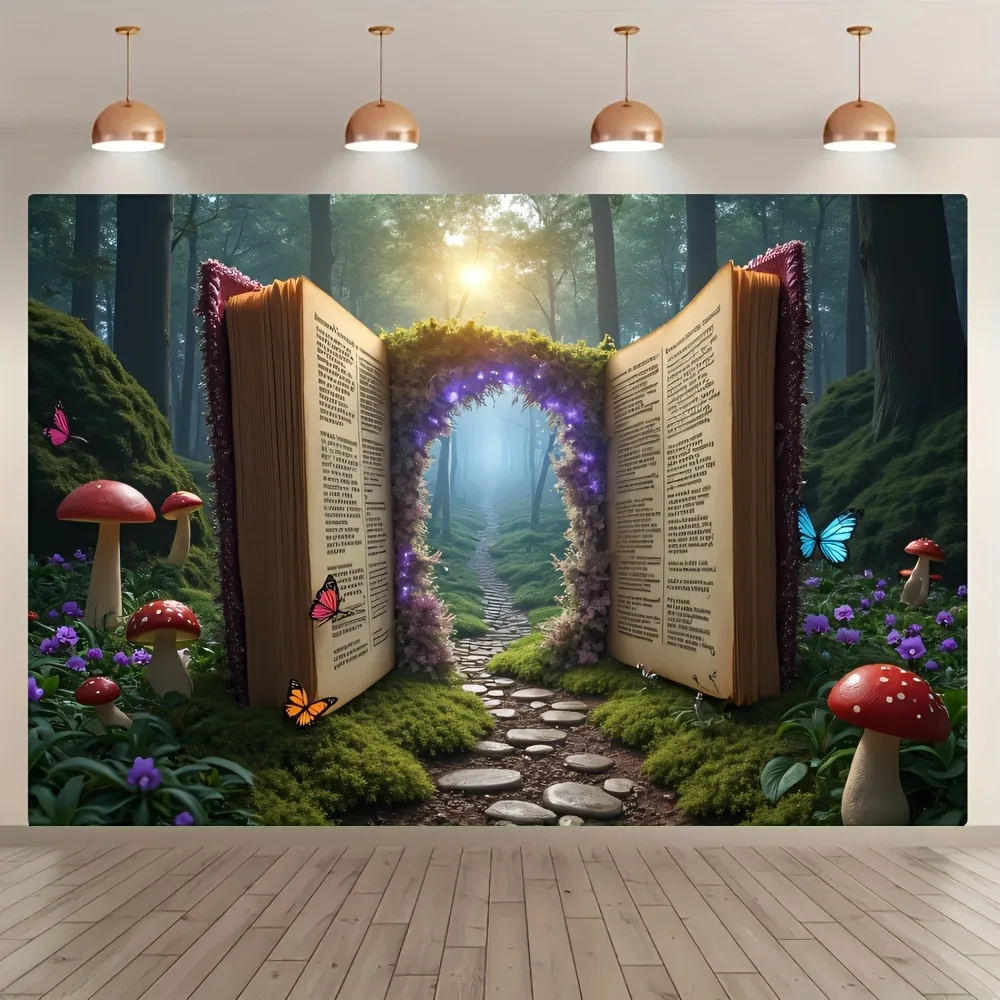 Forest Book Arch Theme Party Banner Printing Tapestry Photography Props Background Cloth, Indoor and Outdoor, Garden Decoration