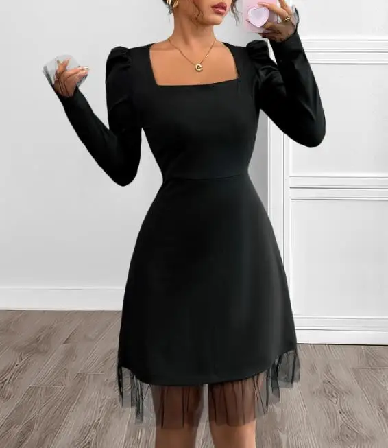 الخريف ساحة الرقبة فقاعة كم مزاجه تنورة قصيرة عالية الخصر شبكة الربط ألف خط اللباس #3