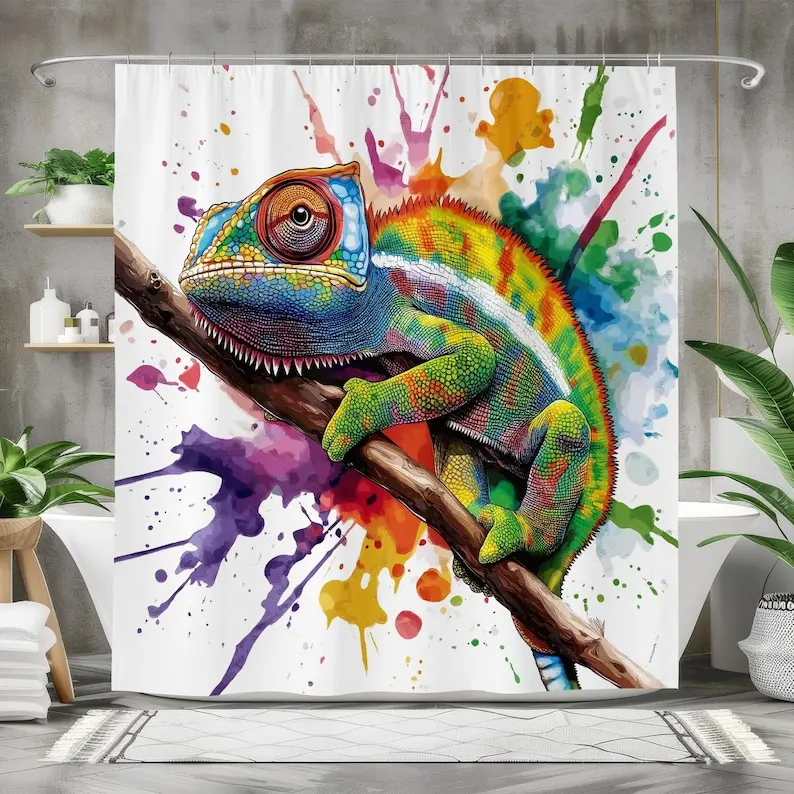 Chameleon Shower Curtain Colorful Reptile Bathroom Decor, Tropical Jungle Lizard Art, Bold Splash Print for Nature Lovers