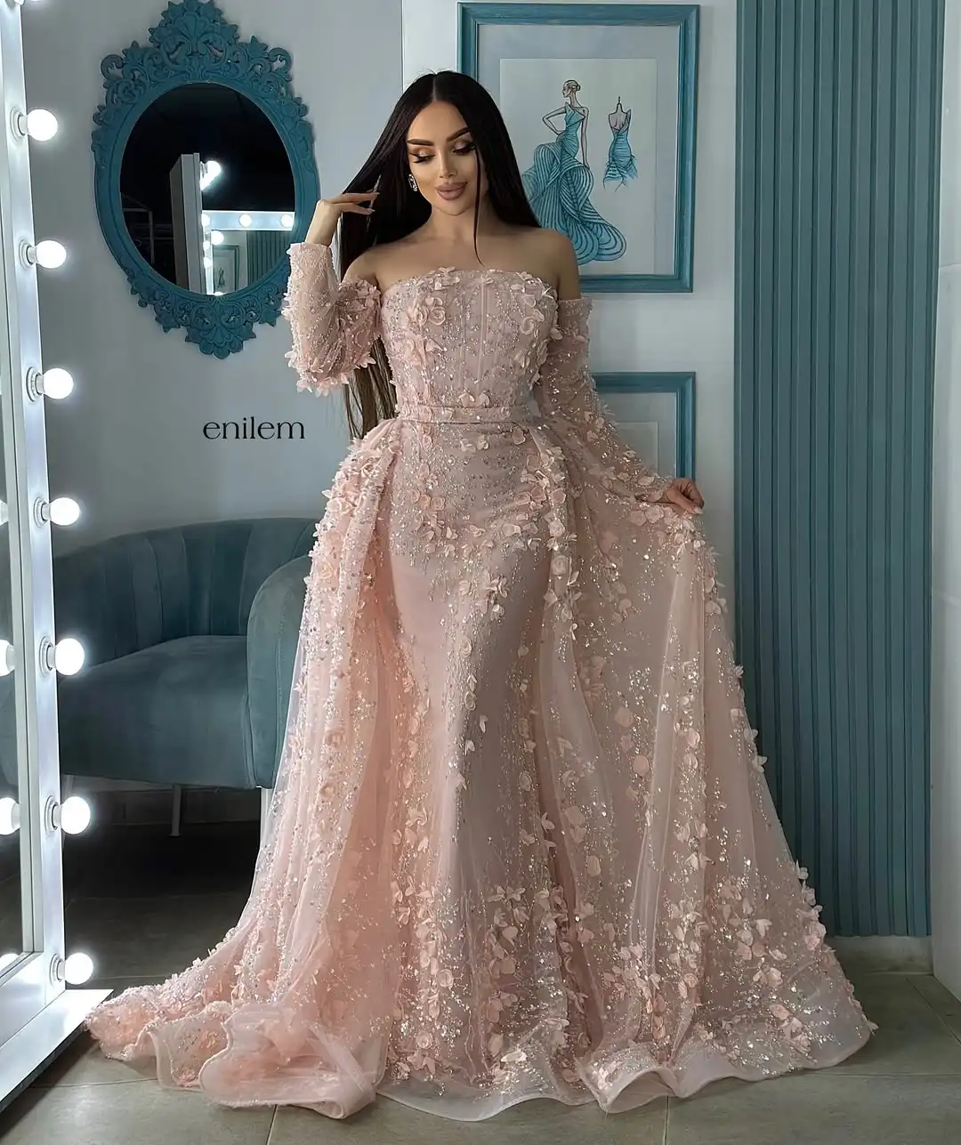 New Design Sweet Off The Shoulder  3D Flowers Beading Sequins Luxury Princess Evening Dress Slim Mermaid Prom Formal Party Dress