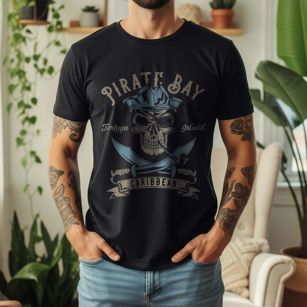 2026 Summer Mens Pirate Bay Skull Caribbean Graphic Oversize Tee 100% Cotton Pirate Short Sleeve