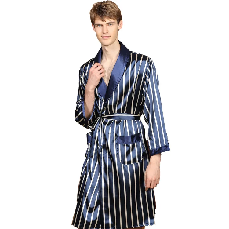 Plus Size 5xl Silk Robe Men Spring Summer Blue Sttriped Sleep Dressing Gown Male Long Sleeve Satin Kimono Bathrobe Sleepwear