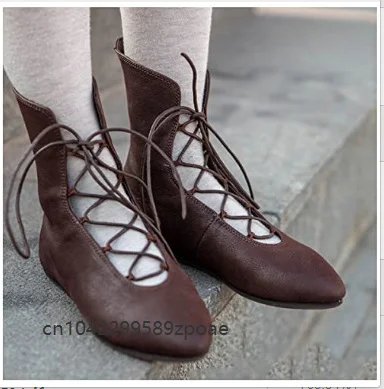 Medieval Steampunk Retro Unisex Pirate Shoes Openwork Bow Pu Leather Boots Cross Lace Elf Hunter Queen Halloween Cosplay Boot