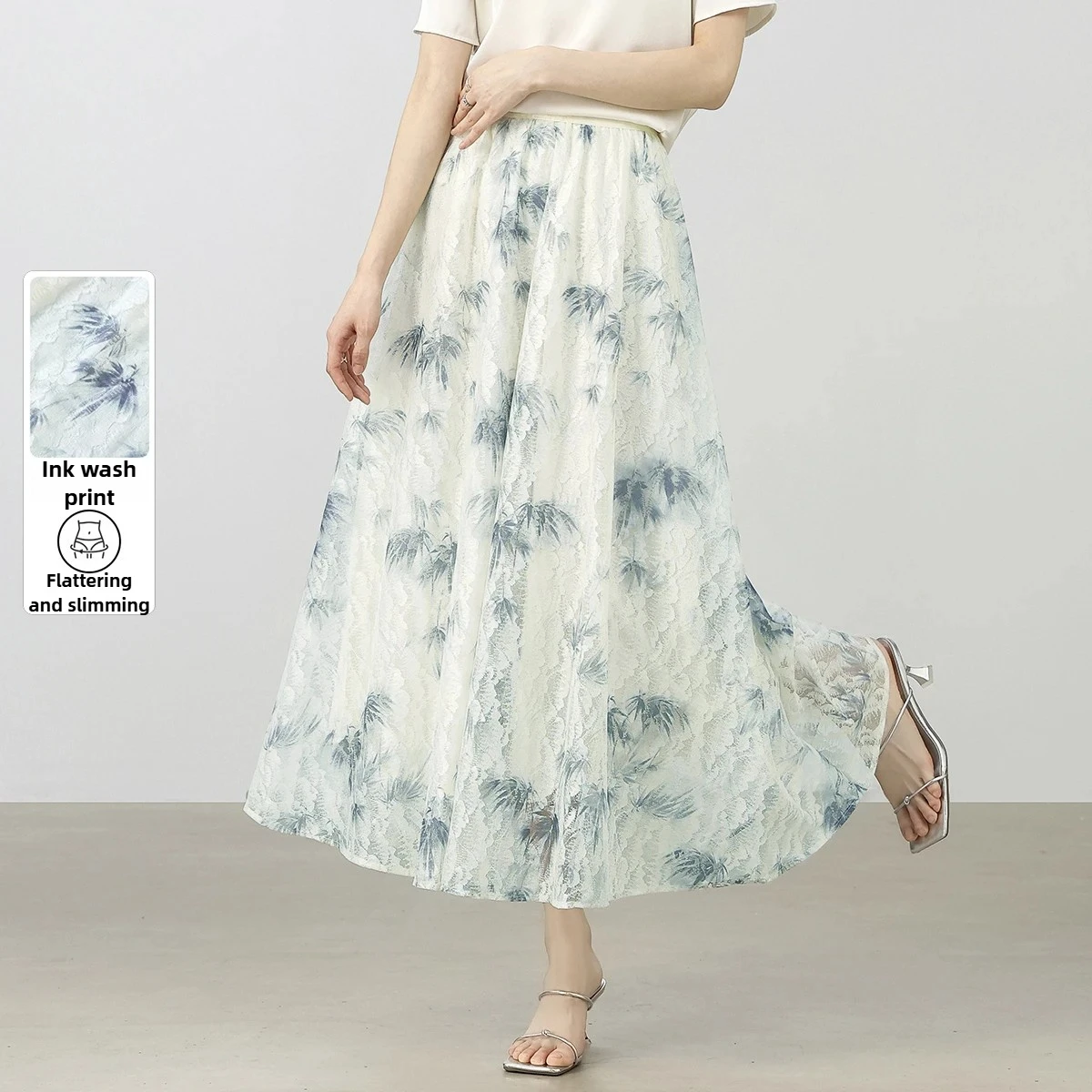 تنورة نسائية على شكل حرف a من SENTUBILA لخريف 2025 لوحة حبر صينية مطبوعة بخصر عالٍ تنورة تنحيف أنيقة شبكية W53QA2698 #1