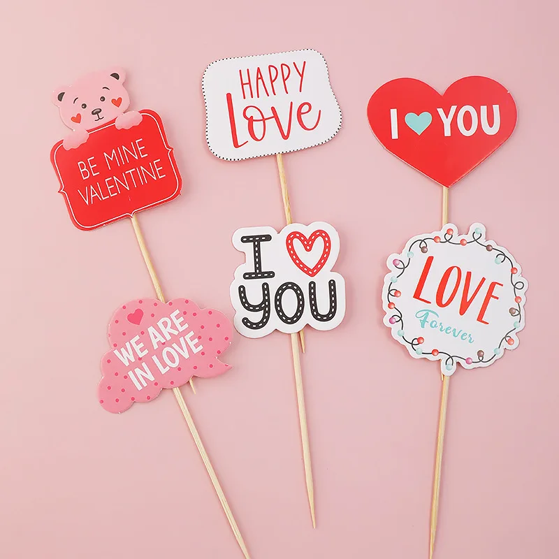 Heart Bear Cake Topper Toppers Flag I Love You Happy Valentine\'s Day Anniversary Baking Cake Dessert DIY Decor Party Supplies