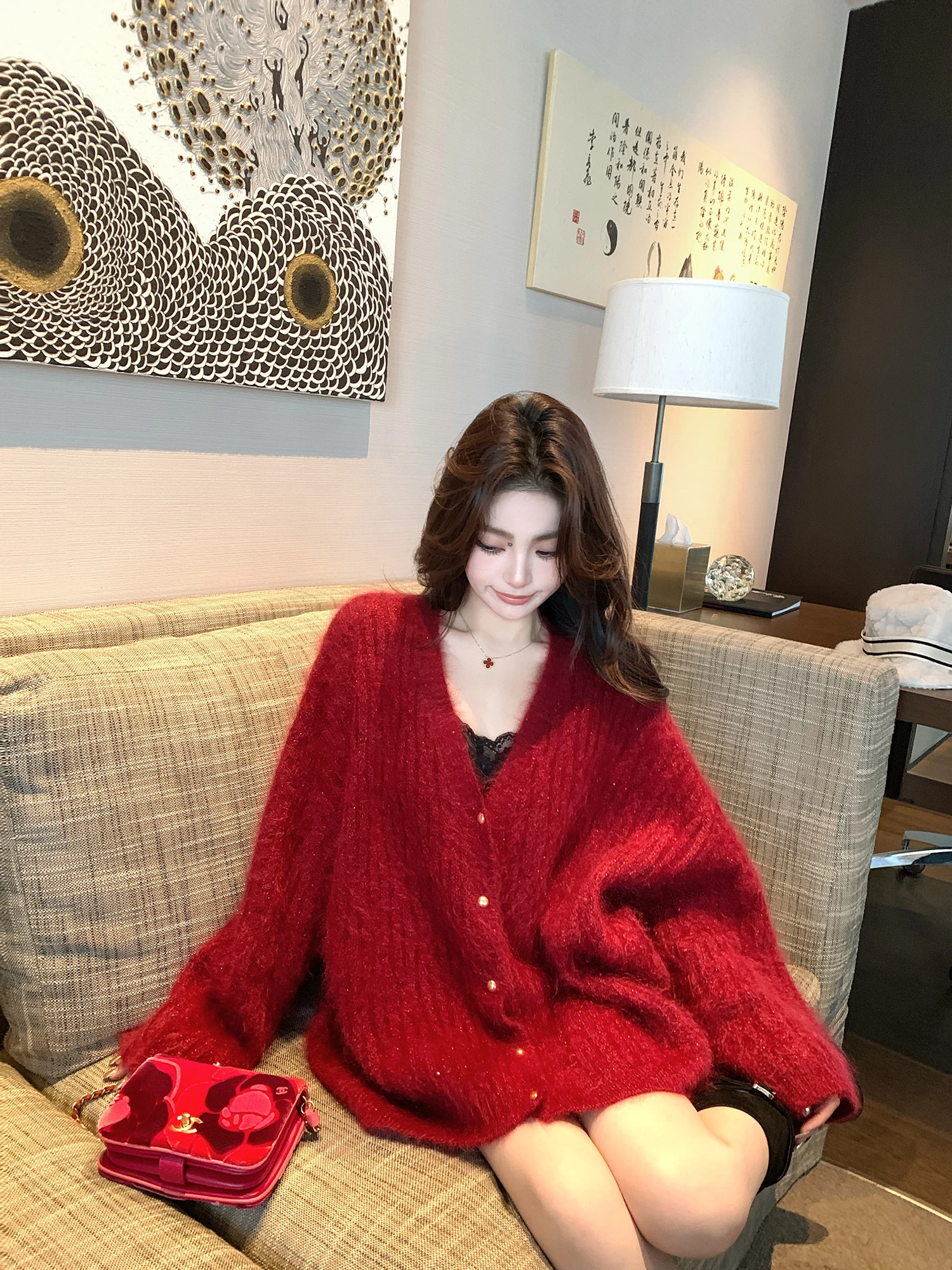 

Женский зимний кардиган-пальто Lilylikes из мохера класса люкс с золотой нитью, V-образным вырезом, длинными рукавами, стандартной длины, модный