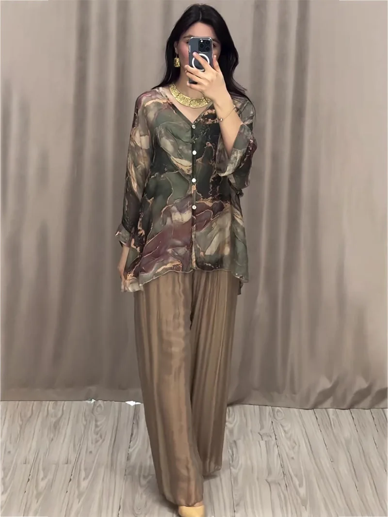 2024 summer new women\'s temperament elegant fashion printed lapel shirt casual suit