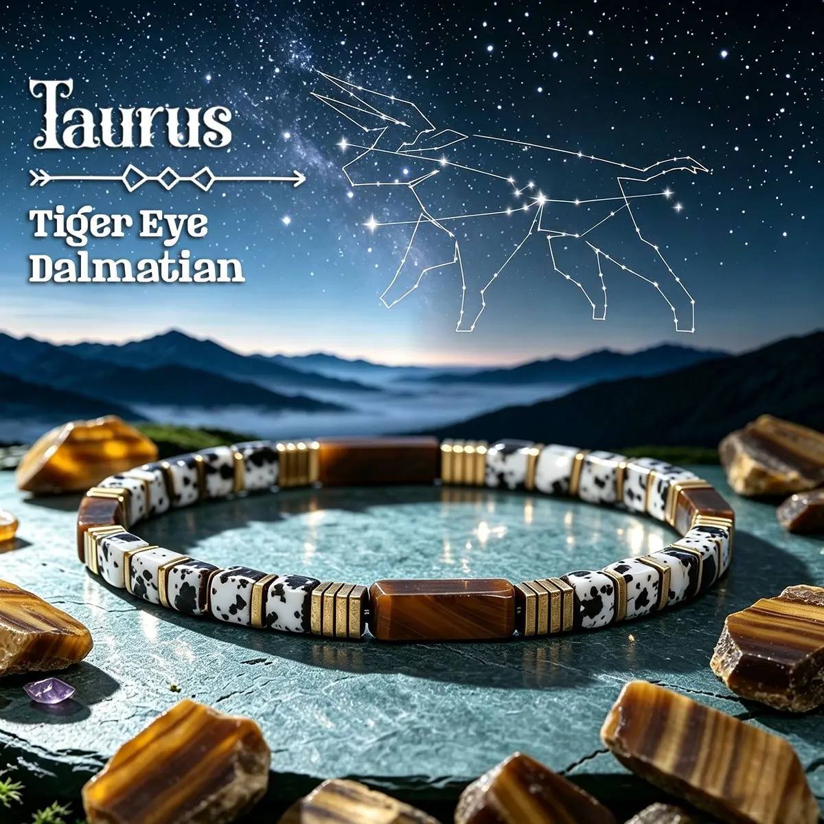 1pc Taurus 4mm Tiger Eye Dalmatian Stone Block Beaded Bracelet, Retro Style Twelve Constellation Series Spiritual Jewelry