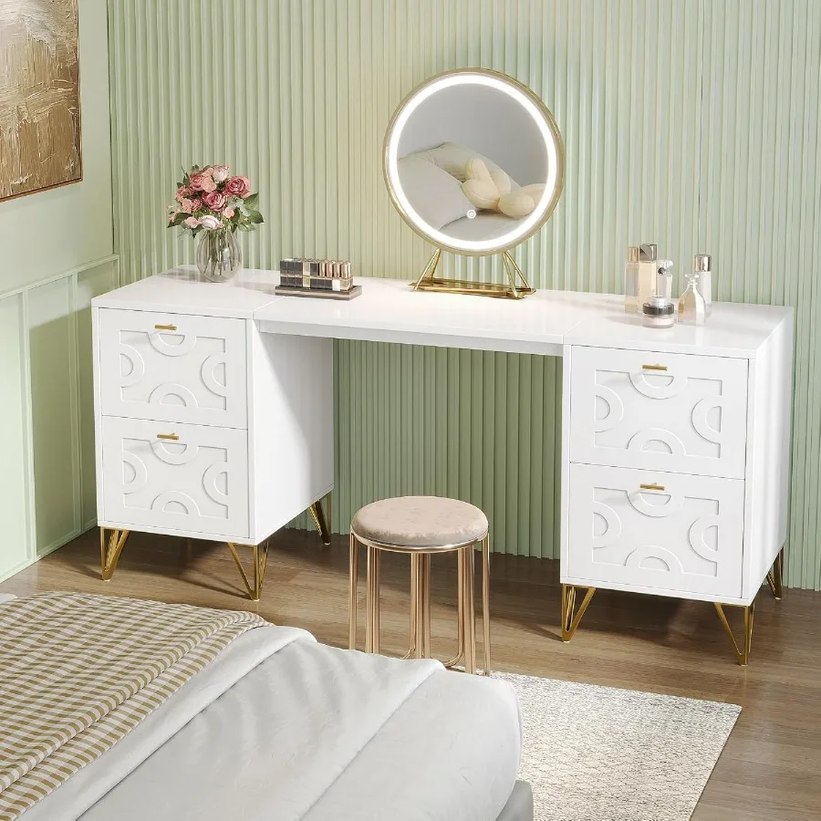 59Inch Makeup Vanity Desk with 4 Drawers White Dressing Table with Storage Modern Beauty Table Simple Home Office Computer Desk
