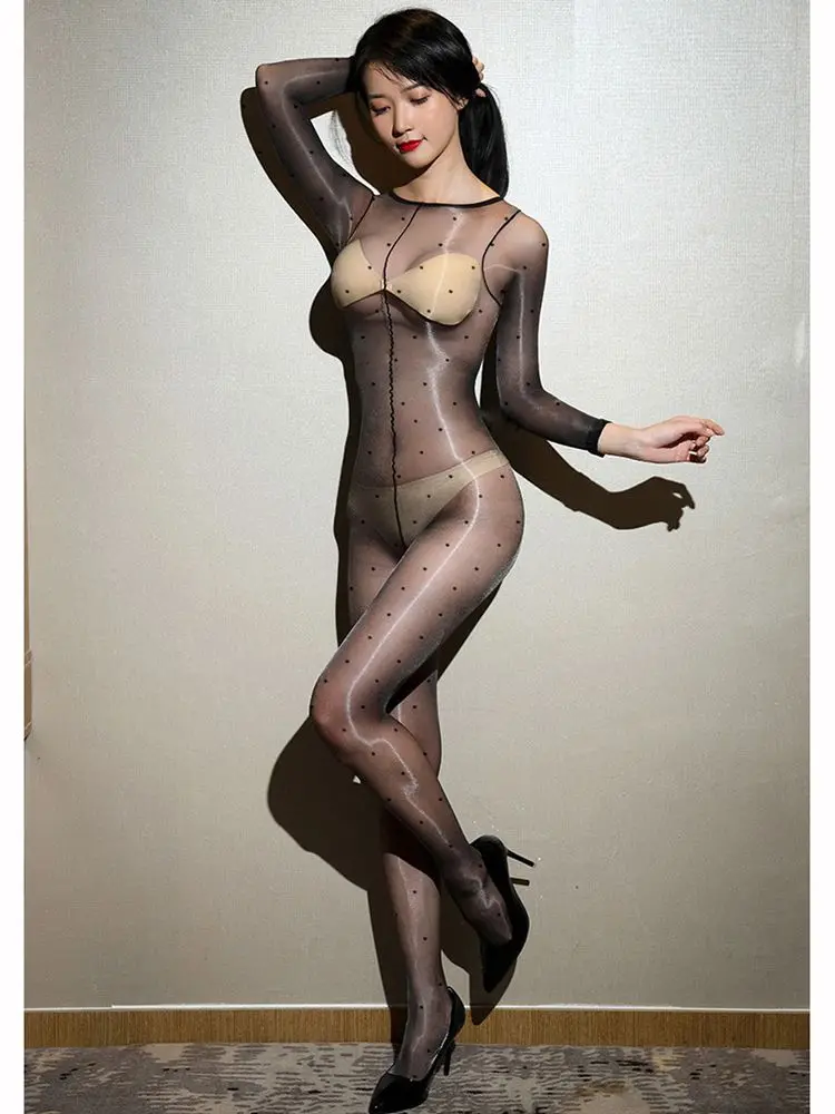 Unisex Dot Shiny Nylon Bodystocking Tights Transparent Catsuit Conjoined Hot Sexy Clubwear Lingerie Pantyhose Bodysuit Leotard