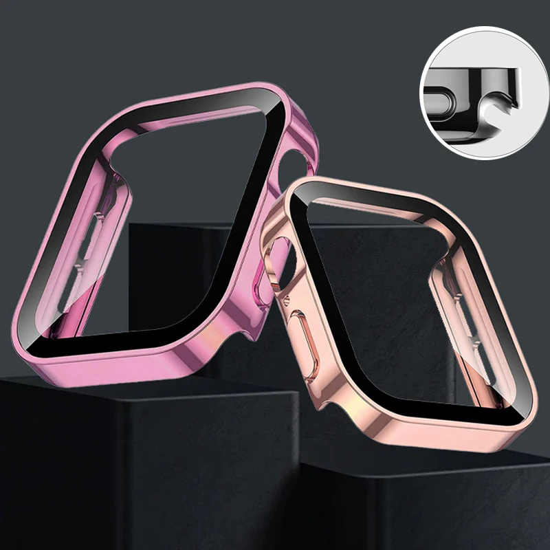 Glass+Case For Apple Watch 42mm 46mm 45mm 41mm 44mm 40mm straight edge Screen Protector Cover Case iWatch SE 3 6 7 8 9 10 11