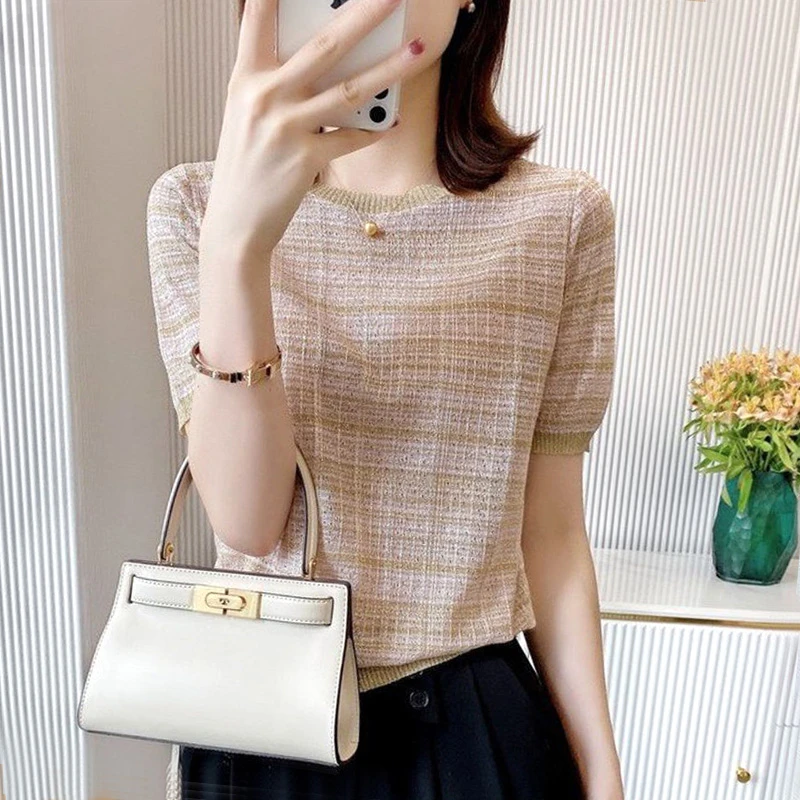 Spring Summer Thin Intellectual T-Shirts Pullovers Solid Color Short Sleeve Loose Fashion Office Lady Casual Women's Clothing