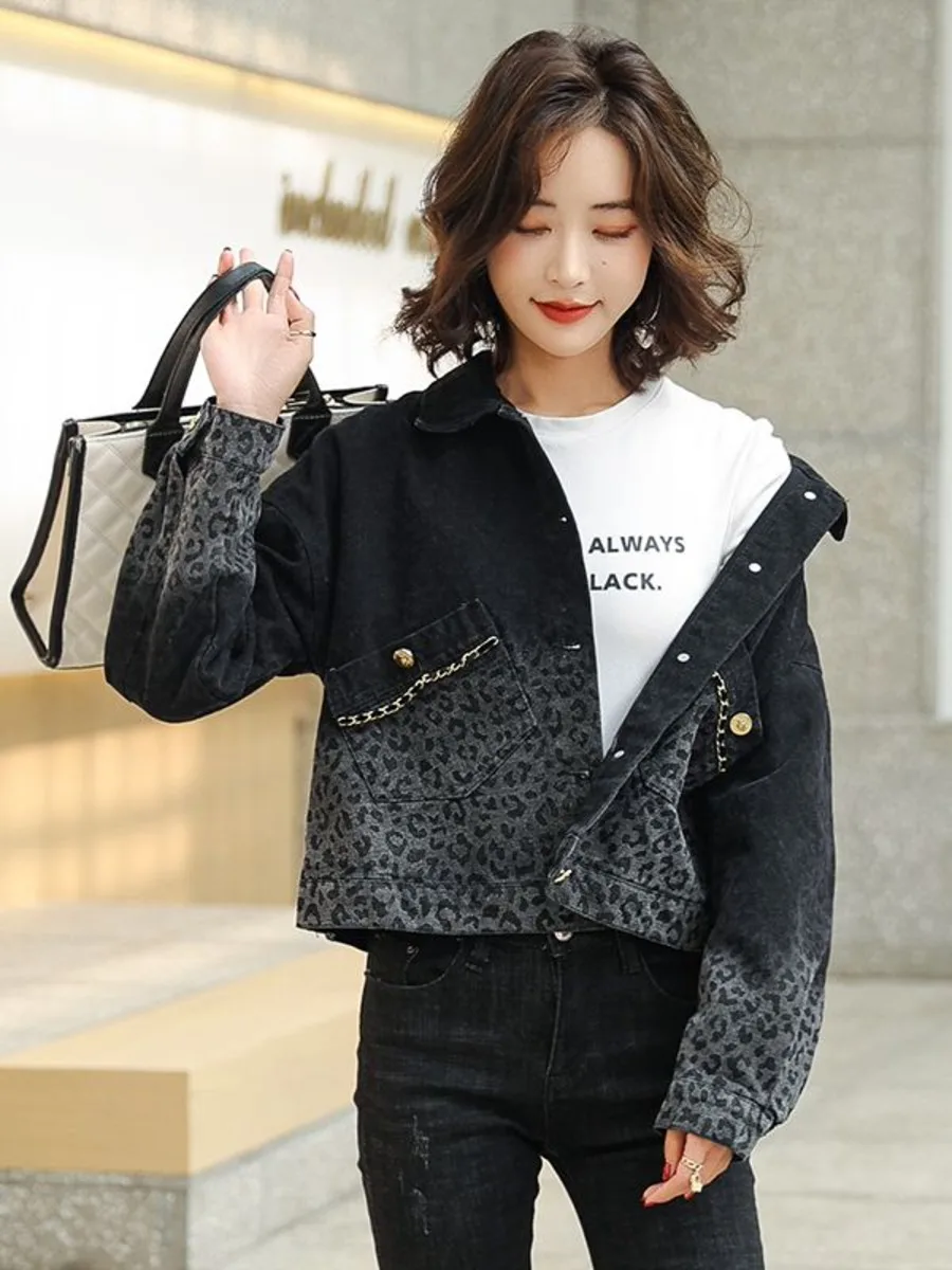 Black Gradient Leopard Denim Jacket Women's Spring Fashion Cropped Coat Top 2024 New Retro Women Clothing Oversized Jacket