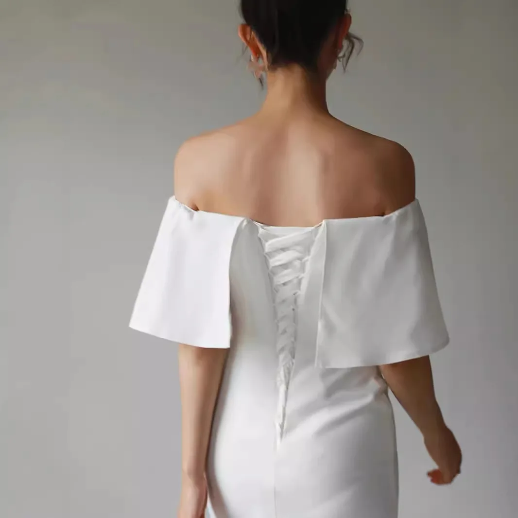 

Белое свадебное платье Ele со шлейфом и высокой талией Bodycon Fi Tail Design Свадебное платье с бретельками и бретельками для регистрации