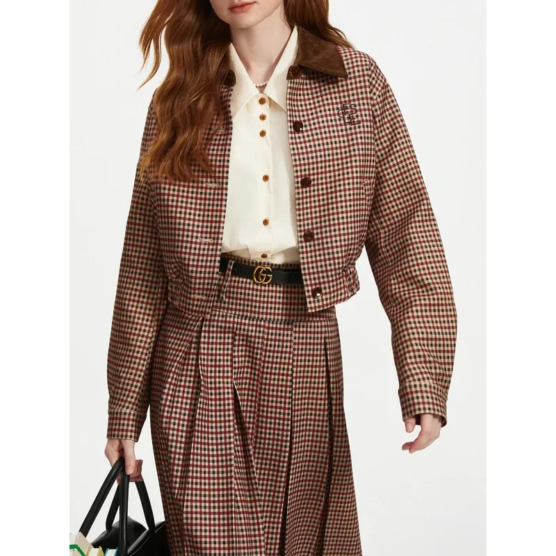 

Women Jacket Skirt Sets Red Brown Retro Plaid Female Drop Sleeve Casual Short Coats Pleated Skirt 24FS13343+24FS13347
