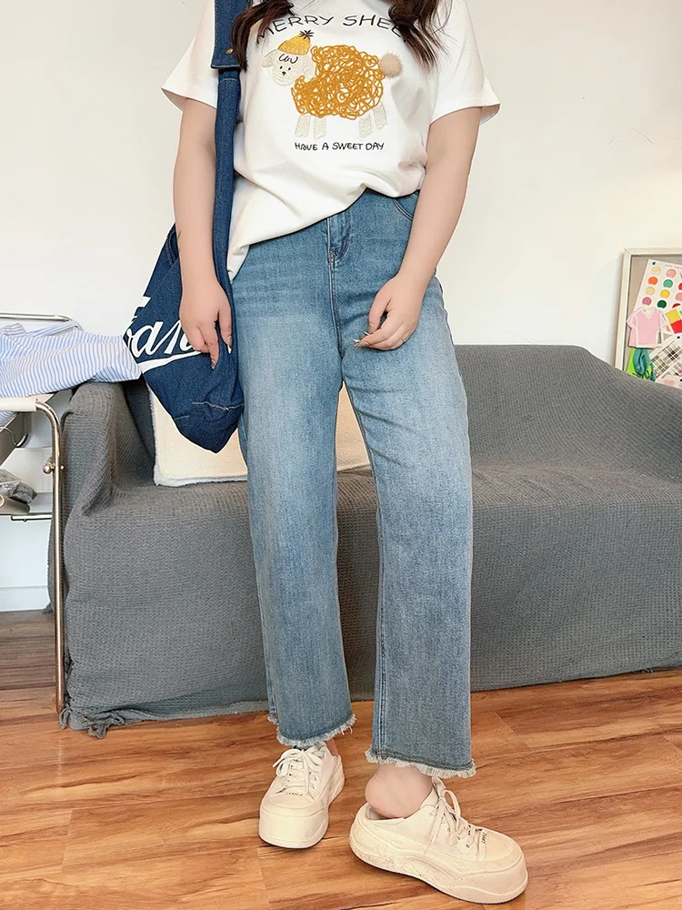 

New Arrival High Waist Straight Leg Nine-Tenths Jeans Frayed Hem Versatile Slimming Women's Winter High Elastici Denim Pants