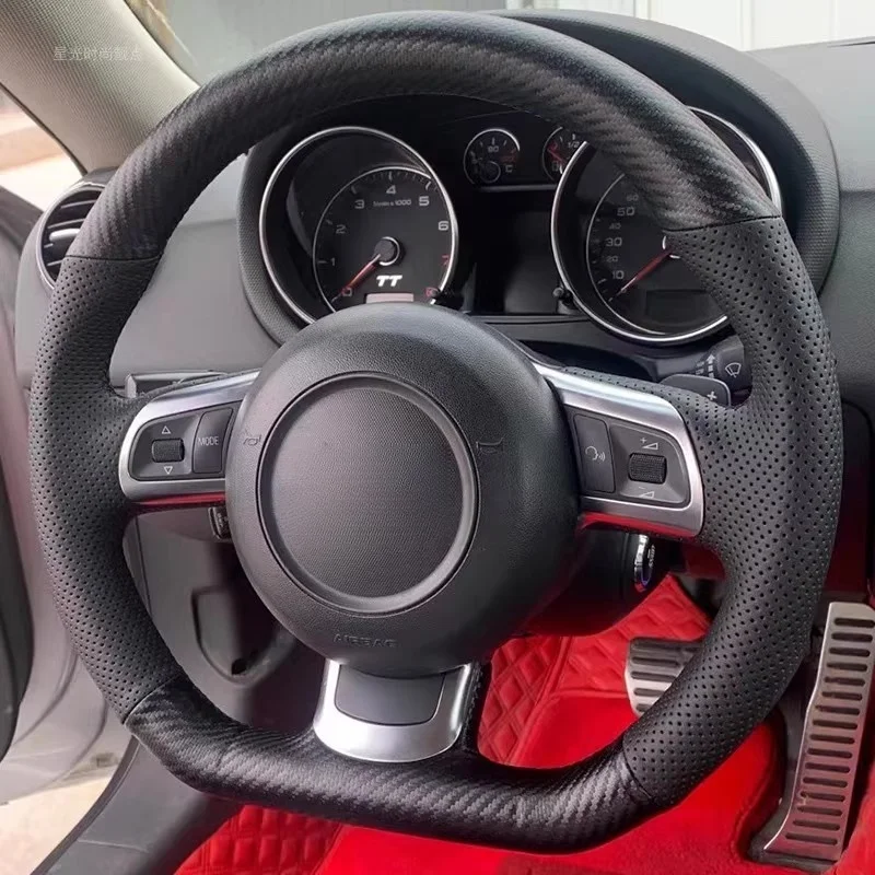 

Custom Hand-stitched Black Genuine Leather Car Steering Wheel Cover For Audi TT TTS (8J) 2006-2013 2014 A3 S3 (8P) R8 (42)