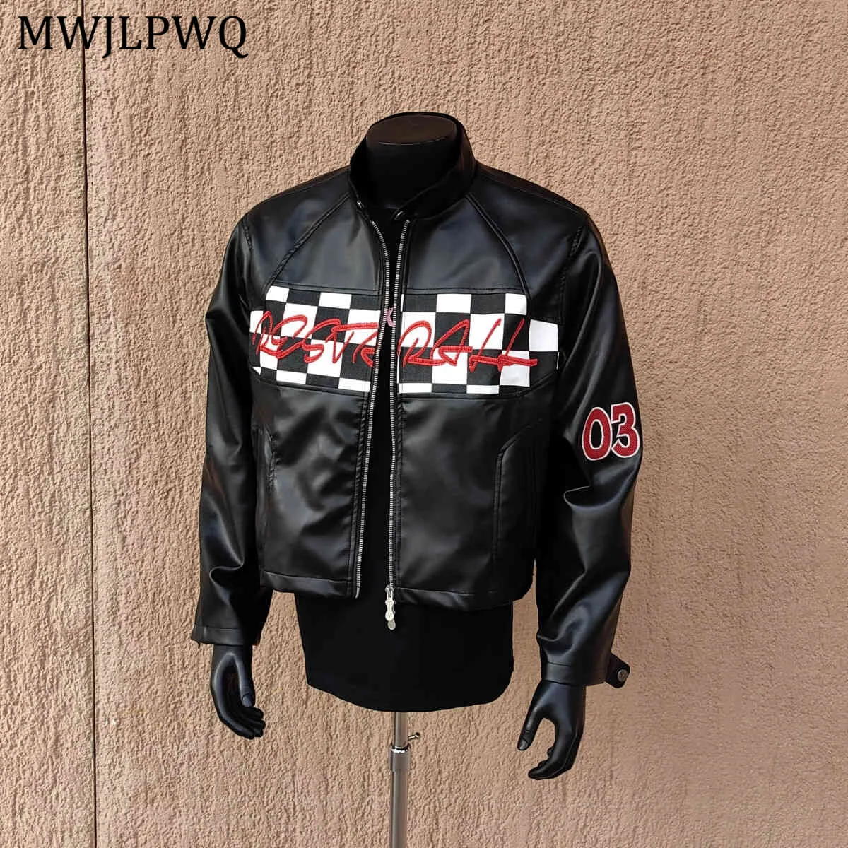 

MWJLPWQ Patchwork Design Short Motorcycle Leather Jacket Men's High Street Stand Collar Zipper Clothes Couple Trendy Coat 11173