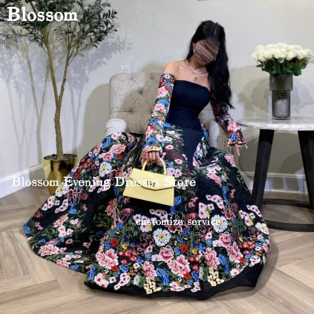 Saudi Arabia New Design Luxury Evening Dresses Floral Lace Embroidery Prom Dresses A-line Long Sleeves Formal Wedding Party Gown