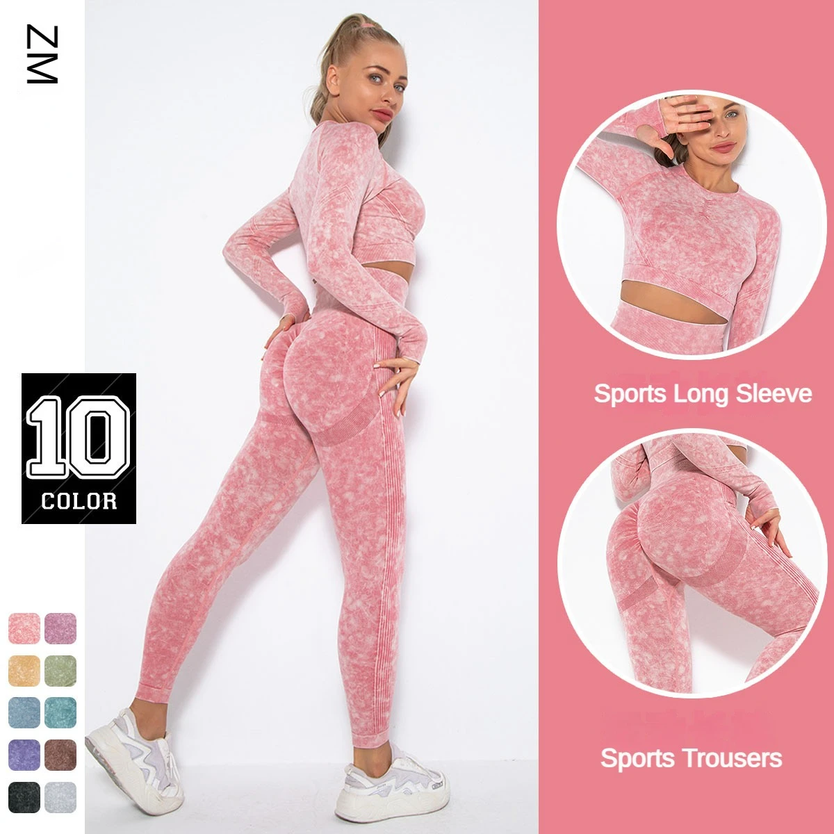 Seamless Washed Yoga Set Sports Fitness Workout High Waist Peach Hip-lifting Pants Long-Sleeved Suits Gym Leggings Set for Women