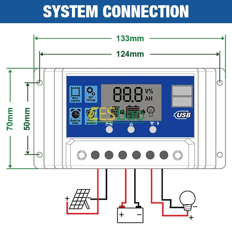 ตัวควบคุมแรงดันไฟฟ้า12V/24V 60A เครื่องควบคุมการชาร์จพลังงานแสงอาทิตย์แผงโซล่าบ้านพร้อมหน้าจอ LCD ที่ชาร์จแสงอาทิตย์ PWM USB คู่